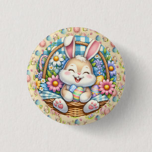 Happy Easter With Cute Bunny, Eggs, and Floral 1 Inch Round Button