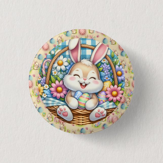 Happy Easter With Cute Bunny, Eggs, and Floral 1 Inch Round Button (Front)