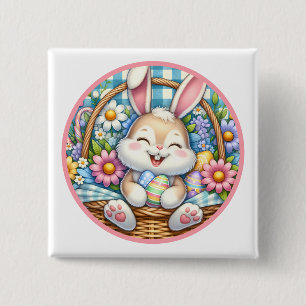 Happy Easter With Cute Bunny, Eggs, and Floral 2 Inch Square Button