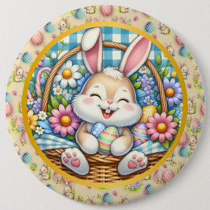 Happy Easter With Cute Bunny, Eggs, and Floral 6 Inch Round Button