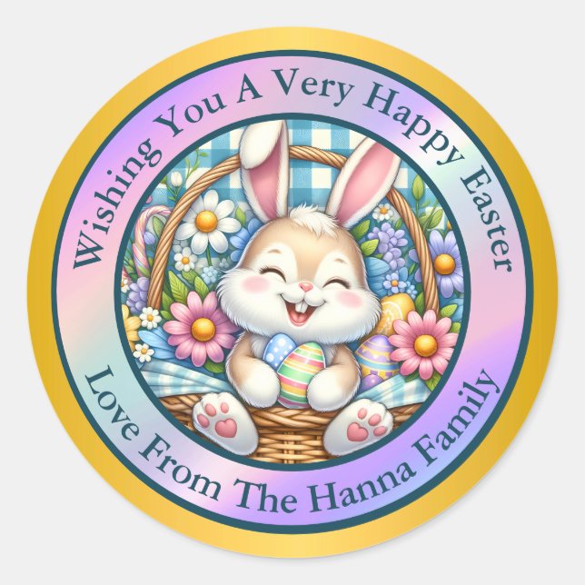 Happy Easter With Cute Bunny, Eggs, and Floral Classic Round Sticker (Front)