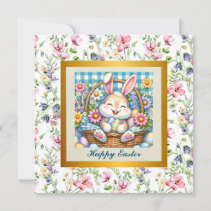 Happy Easter With Cute Bunny, Eggs, and Floral Invitation