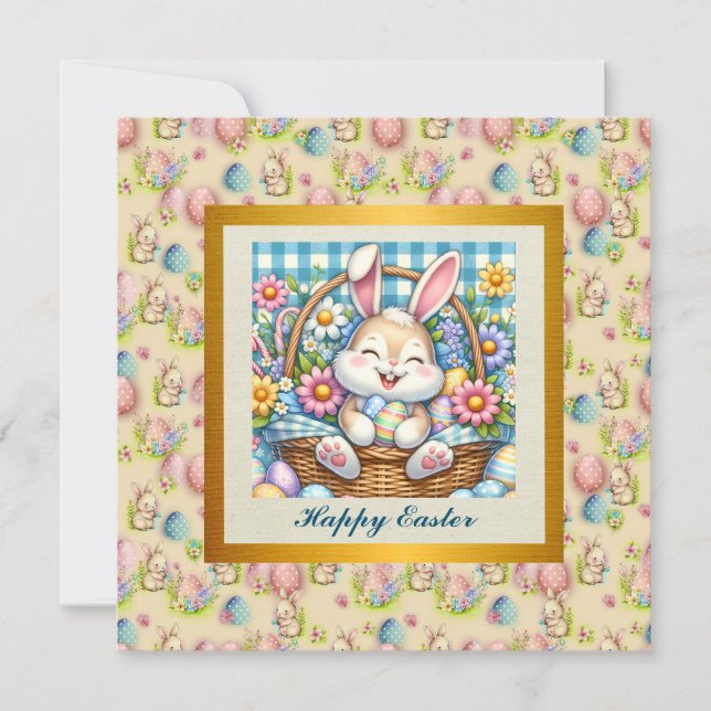 Happy Easter With Cute Bunny, Eggs, and Floral Invitation (Front)