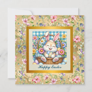 Happy Easter With Cute Bunny, Eggs, and Floral Invitation