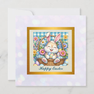 Happy Easter With Cute Bunny, Eggs, and Floral Invitation