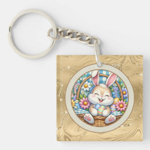 Happy Easter With Cute Bunny, Eggs, and Floral Keychain