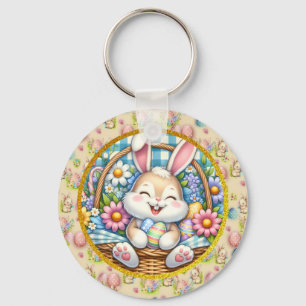 Happy Easter With Cute Bunny, Eggs, and Floral Keychain