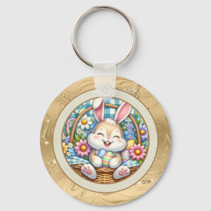 Happy Easter With Cute Bunny, Eggs, and Floral Keychain