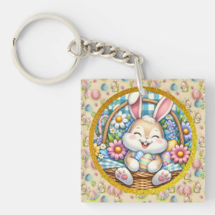 Happy Easter With Cute Bunny, Eggs, and Floral Keychain