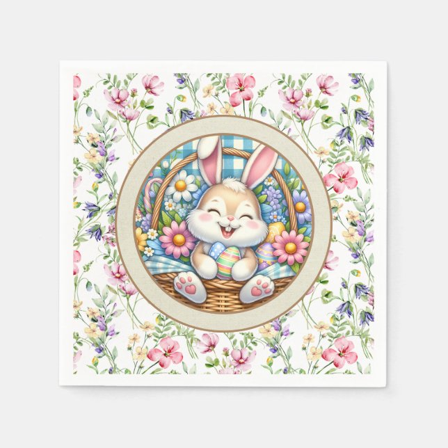 Happy Easter With Cute Bunny, Eggs, and Floral Napkin (Front)