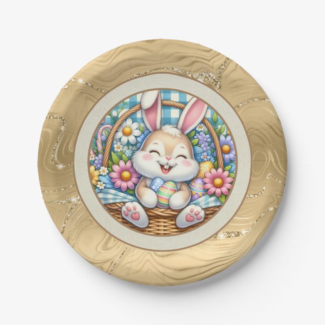 Happy Easter With Cute Bunny, Eggs, and Floral Paper Plate (Front)