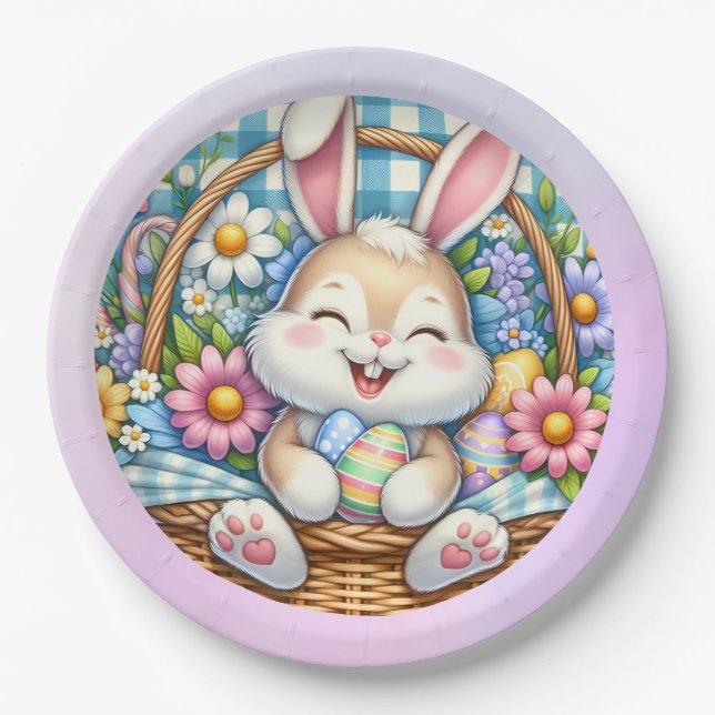 Happy Easter With Cute Bunny, Eggs, and Floral Paper Plate (Front)