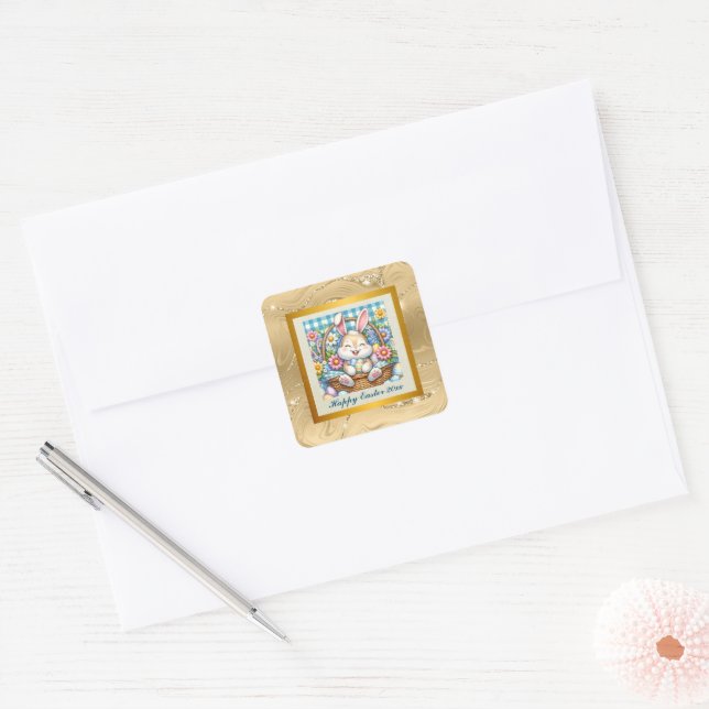 Happy Easter With Cute Bunny, Eggs, and Floral Square Sticker (Envelope)