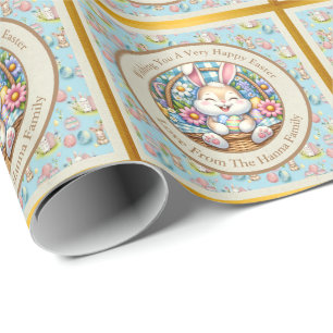 Happy Easter With Cute Bunny, Eggs, and Floral Wrapping Paper