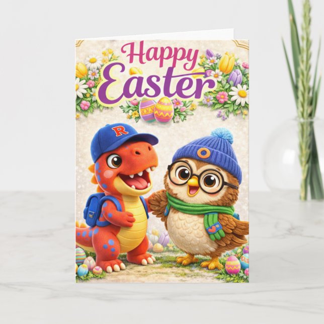 Happy Easter with Rex and cute dinosaur and owl sp Card (Front)