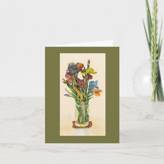 Happy Easter with vase of iris flowers Card (Front)