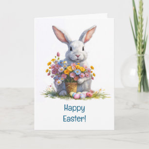 Happy Easter with White Bunny Rabbit Potted Flower Card