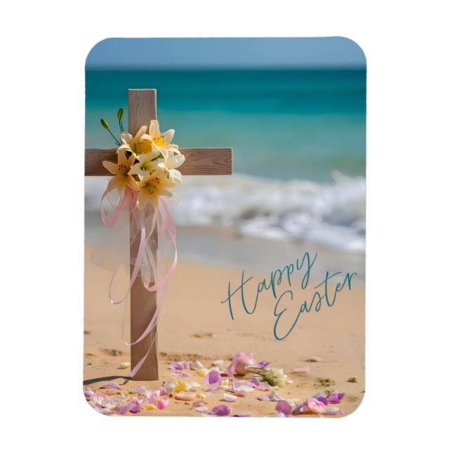 Happy Easter Wooden Cross and Lilies on Beach Magnet (Vertical)