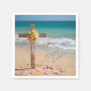 Happy Easter Wooden Cross and Lilies on Beach Napkin