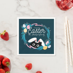 Happy Easter Wreath, Black Cat with bunny ears Napkin