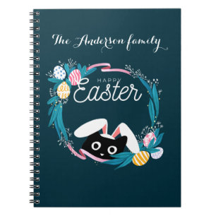 Happy Easter Wreath, Black Cat with bunny ears Notebook