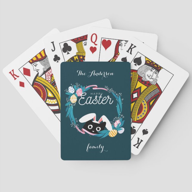 Happy Easter Wreath, Black Cat with bunny ears Playing Cards (Back)