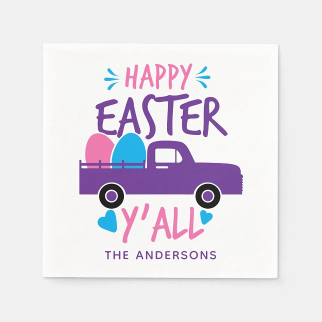 Happy Easter Y'all Modern Egg Truck Personalized Napkin (Front)