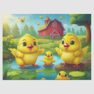 Happy Easter Yellow Chicks in a Pond by a Red Barn Tissue Paper