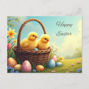 Happy Easter Yellow Chicks in Wicker Basket Holiday Postcard