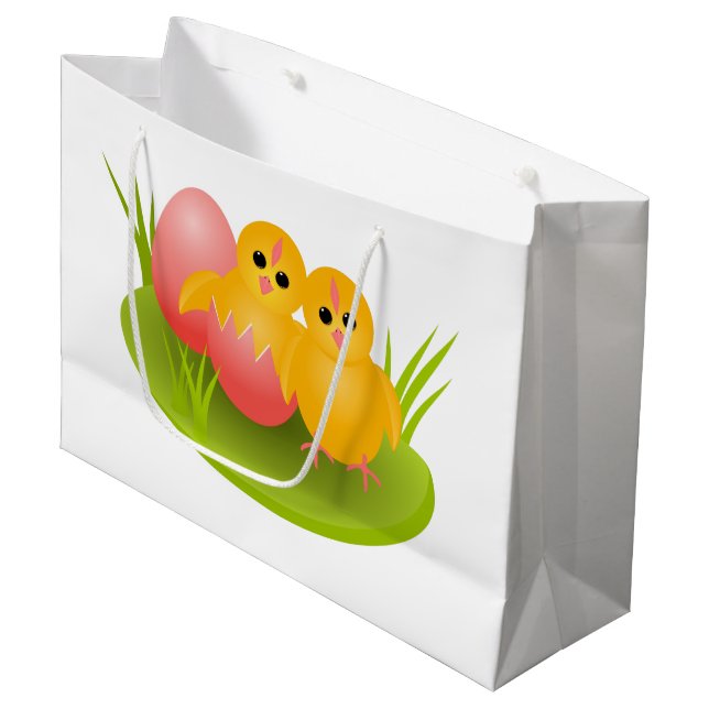 Happy Easter yellow chicks on green grass Large Gift Bag (Front Angled)