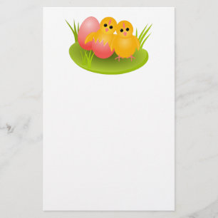 Happy Easter yellow chicks on green grass Stationery