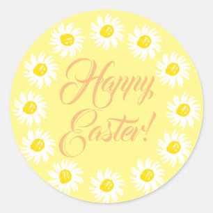 Happy Easter yellow cute daisies floral frame fun Classic Round Sticker