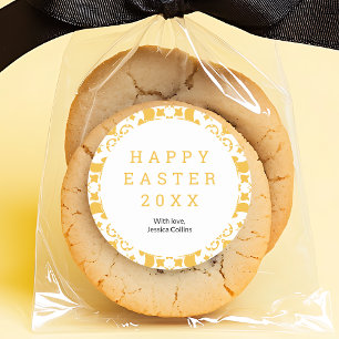 Happy Easter Yellow Elegant Floral Pattern Custom Classic Round Sticker