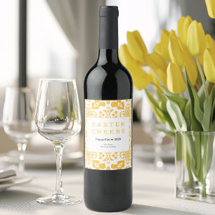 Happy Easter Yellow Floral Pattern Elegant Modern Wine Label