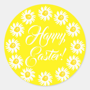 Happy Easter yellow script cute daisy cheerful Classic Round Sticker