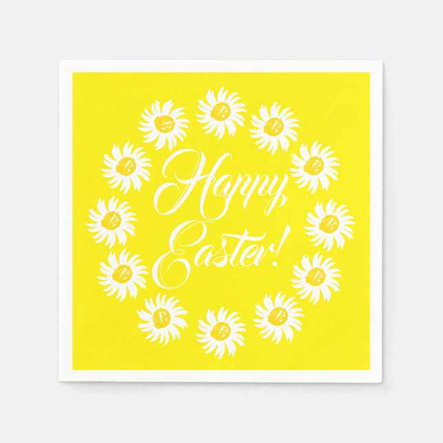 Happy Easter yellow script cute daisy cheerful fun Napkin (Front)