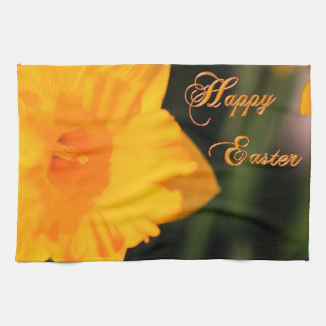 Happy Easter Yellow Spring Daffodil Flower Kitchen Towel (Horizontal)