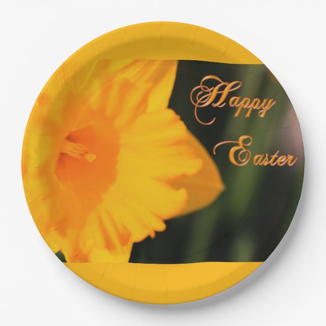 Happy Easter Yellow Spring Daffodil Flower Paper Plate (Front)