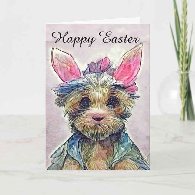 Happy Easter Yorkie with Bunny Ears Card (Front)