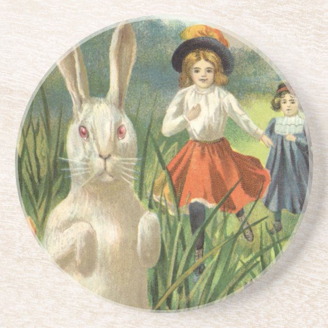 Happy Eastertide Vintage Easter Bunny and Children Coaster (Front)