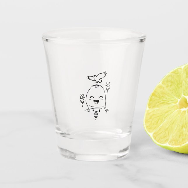 Happy Egg with Bird and Flowers Shot Glass (Front)