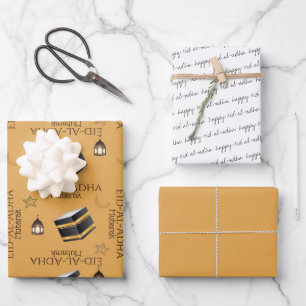 Happy Eid al-Adha Mubarak Kids Yellow Kabah Quote Wrapping Paper Sheet