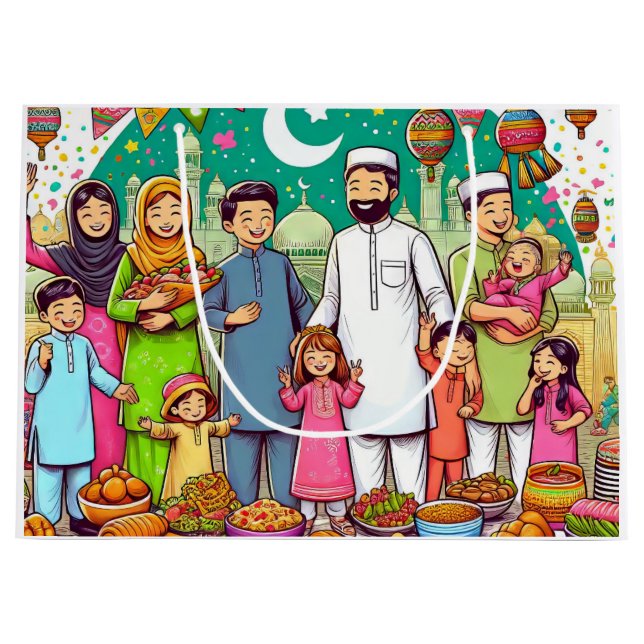 Happy Eid Family Funny Celebrating Design Large Gift Bag (Front)