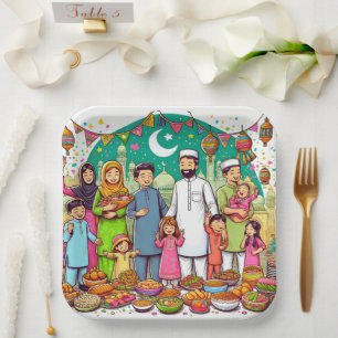 Happy Eid Family Funny Celebrating Design Paper Plate