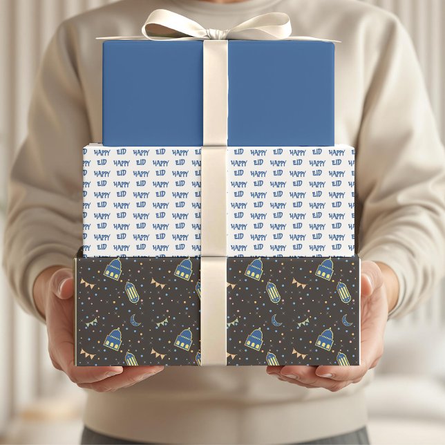Happy Eid Kids Blue Moon Lantern Pattern Quote Wrapping Paper Sheet (Creator Uploaded)