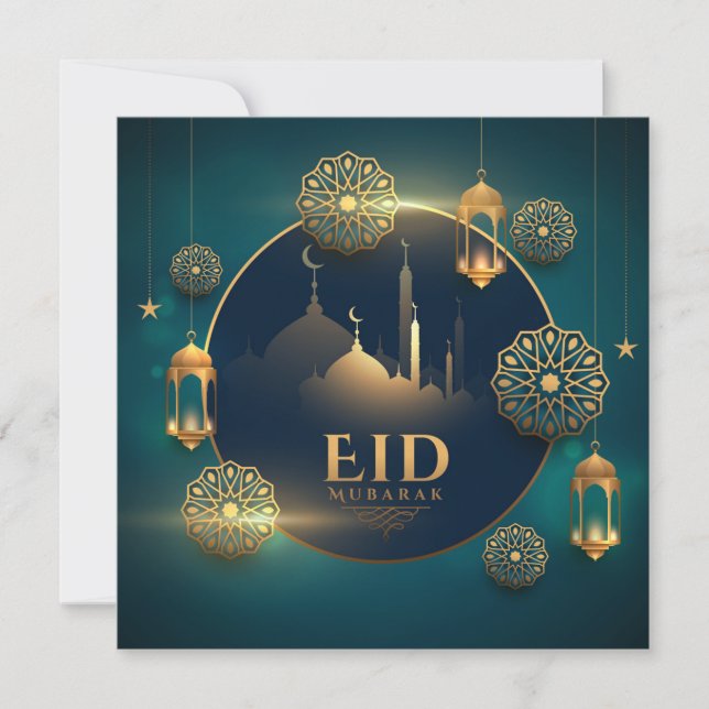 Happy Eid Mubarak Crescent Stars Islamic Lantern  Holiday Card (Front)