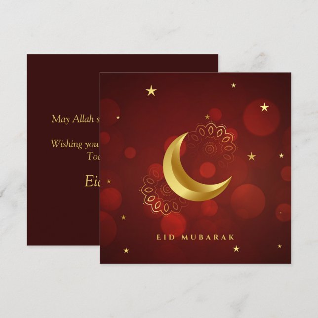 Happy Eid Mubarak Cresent Star Gold Pattern Red Holiday Card (Front/Back)