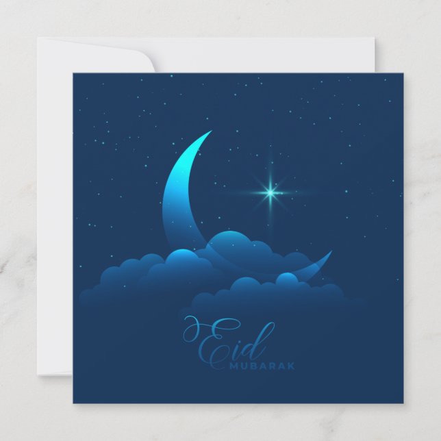 Happy Eid Mubarak Cresent Stars Cloud Blue Holiday Card (Front)