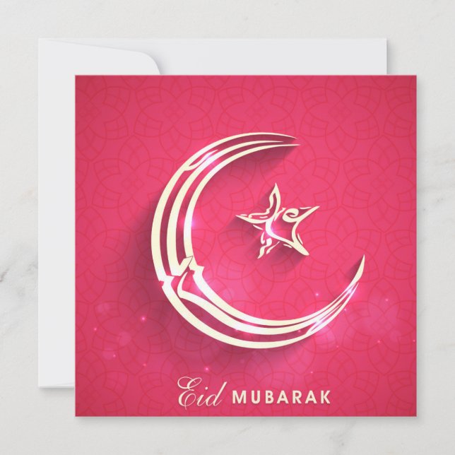 Happy Eid Mubarak Pink and White Crescent and Star Holiday Card (Front)