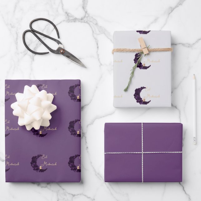 Happy Eid Mubarak Purple Crescent Wrapping  Paper  (Front)